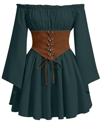 Womens Medieval Dresses Off Shoulder Mini Corset Dress Traditional Irish Dress Fairy Costume Renaissance Elf Ear Costume Elvish Cosplay Halloween Fancy Dresses Pirate Costumes Army Green