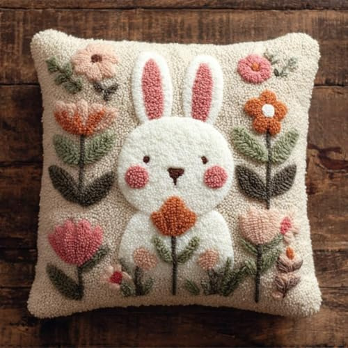 ZUHK Latch Hook Kits for Adults/3D DIY Pre-Printed Craft Latch Hook Pillow Kits fit for Throw Pillow Cover Sofa Cushion Cover,17x17 in (Rabbit A)