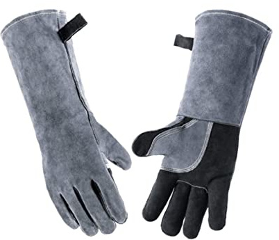 WOHPNLE 1 paire de gants de soudage, gants de gril en cuir de vache résistant aux hautes températures, bande de protection des coutures, mitaines de cheminée pour four barbecue Tig Mig (35CM)