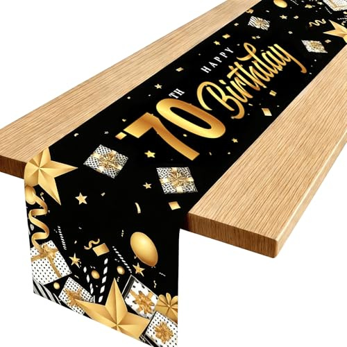 sturiz Tischläufer Geburtstagsdeko Tischdecke Geburtstag Tischdeko Geburtstag Deko Schwarz Gold Geburtstagstischdecke Happy Birthday Tischdecke 70. Tischläufer Kindergeburtstag für Junge Mann 180x35cm