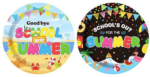 AnyDesign 40Pcs School's Out for The Summer Paper Plates Party Plates 9 Inch Disposable Dessert Salad Plate for End of School Year Graduation Summer Beach Party Supplies