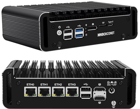 Mini PC N100 sans ventilateur, Micro-ordinateur DDR5 8GB RAM 256GB avec 4 ports LAN 2.5GbE i226V, Compatible OPNsense, 2 x SATA 3.0, Affichage quadruple et port Type-C pour Applications Matérielles