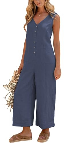Omoone Womens Cotton Linen Dungarees Button Down Sleeveless Casual Jumpsuit | Side Pockets, Wide Leg Pants, Loose Fit, Adjustable Back Tie, V-Neck, Maternity-Friendly, Summer Beach Holiday Travel