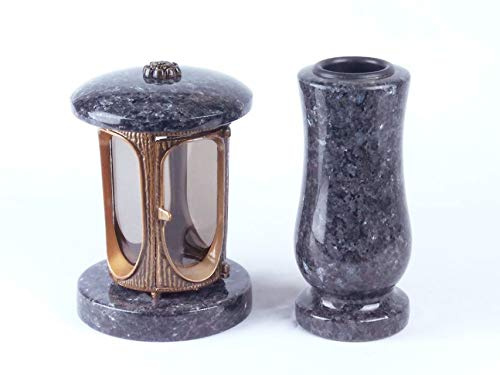 designgrab Tombe Lampe en Aluminium messingfarbenem Aspect Ancien en Aluminium et Vase funéraire en Taille de Medium en Granit Labrador Blue Pearl BP/Labrador Acier