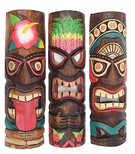 Interlifestyle 3 Tiki Masken 50cm im Maui Hawaii Look Style 3er Set Holzmasken Wandmaske Osterinsel