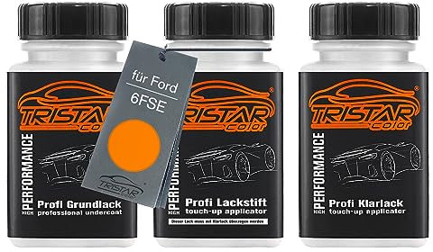 TRISTARcolor Vernice per auto Kit stilo di ritocco per Ford 6FSE Electric Orange Perl/Orange Electric Perl Vernice di fondo vernice di base vernice trasparente ognuno 50ml