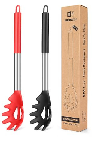 Confezione da 2 forchette per pasta in silicone, resistenti al calore, senza BPA, ottimi strumenti per cucinare (nero-rosso)