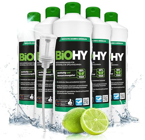 BiOHY Detergente para lavavajillas comercial (6 botellas de 1 litro) + Dosificador | Fórmula para disolver el las grasas | Apto para gastronomía, industria y hogares (Geschirrreiniger)