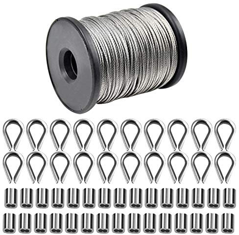 50m Wire Rope 1.5mm Stainless Steel Picture Hanging Cable, 30pcs Aluminum Crimping Sleeves 1.5mm, 20pcs M2 Thimbles, Cable Rope Kit for Frame Picture Photo Mirror Hanging and Railing Decking