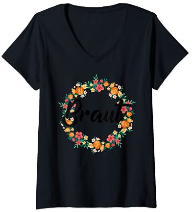 Damen Braut Bride to be Verlobung Blumenkranz JGA Party Braut T-Shirt mit V-Ausschnitt
