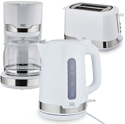 KHG Frühstücksset 3-teilig in weiß: Wasserkocher, Toaster, Kaffeemaschine | Küchenset mit 1,7 L Kochwasser, 2 Toastscheiben, 12 Tassen Kaffee und 2.200, 850 sowie 1.000 W Leistung fürs Frühstück