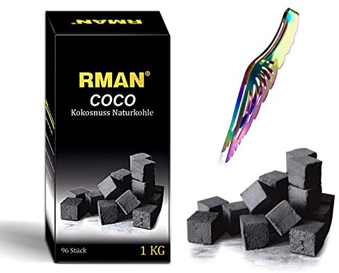 RMAN Shisha Kohle,10KG Naturkohle Kokosnuss und BBQ Premium Kohle Kokoskohle Briketts für Wasserpfeife Grill mit Langer Brenndauer