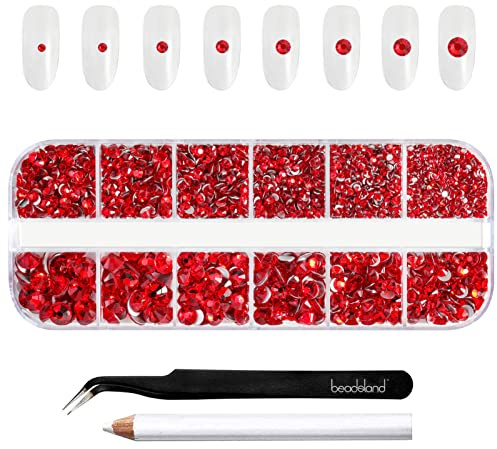Beadsland Strasssteine für Nägel,Helles Rot,6 Größen Gemischt,2500 Stk | Rote Strasssteine Kit,SS4-SS30,Glasmaterial,zum Basteln,Gesicht Edelsteine,mit Picking-Pinzette und Wachsstift