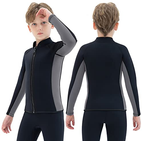 REALON Chaqueta de neopreno para niños, niñas, niños pequeños, jóvenes, traje de neopreno de 3 mm, manga larga, cremallera frontal, traje de baño para natación, surf, buceo, esnórquel, deportes