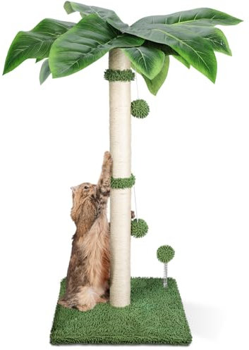 HEVOL Kratzbaum,Natürlichem Sisalseil Kratzstamm für Katzen im Haus,85cm Höhe Groß Kratzsäule mit 2 Interaktiven Hängenden Bällen und Springball-Grün