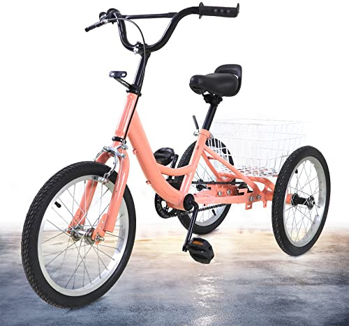 16 Inch Tricycle Outdoor Scooter Bicycle for 7-10 Years Old Boys and Girls, 3 Wheel trikes with Height Adjustable seat and Large Basket, Pedal tricycles,Kids Trikes with Titanium Wheel