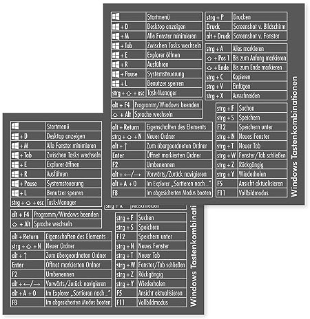 younikat 2er Set Tastenkürzel Aufkleber für deutsche Tastaturen - dv1260 | 9 x 8 cm, Short-Cuts für Windows, weiß Schrift auf grauem Grund, praktisch für Büro Home Office Uni Schule