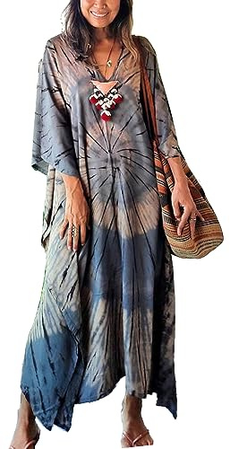 YouKD Dam sommar boho kaftan plusstorlek morgonrock strand coverup klänning långa badrockar en storlek, D Blå Grå, en storlek