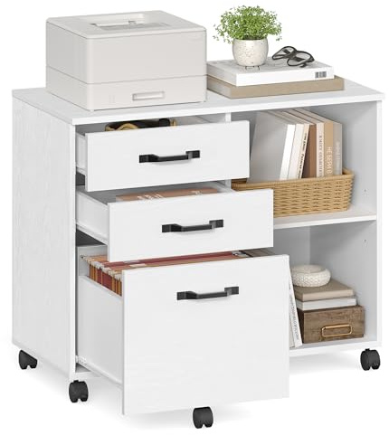 VASAGLE rullcontainer, arkivskåp, med 3 lådor och hjul, öppna fack, för dokument i DIN A4, brevformat, skrivarställ, industriell design, vit med ådring OFC041W46