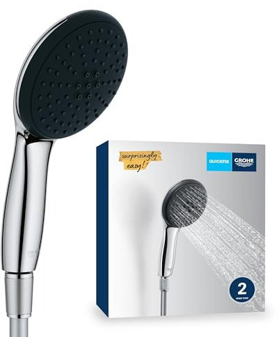 GROHE Vitalio 110, Duschkopf mit Schlauch, 14l pro Min (Handbrause 2 Strahlarten, Universalanschluss, Silikonring schützt bei Stürzen, Duschbrause mit Duschschlauch 1,5m), rund, chrom, 26972001