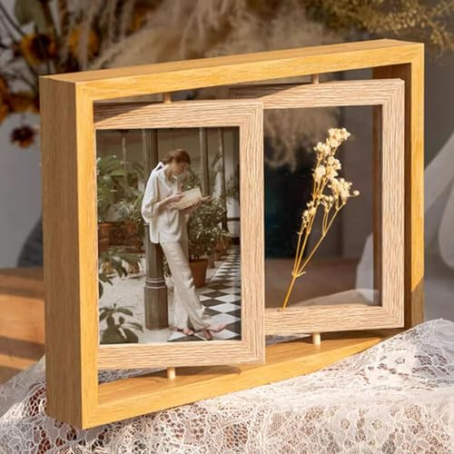 Vulevirtue Marco de Giratorio Fotos de Madera,Marco para Retrato Varias Fotos Marcos de Vidrio para Fotos Marco de Fotos de Doble Cara con Vidrio Acrílico para Pantalla de Escritorio (34.8 * 24.2cm)