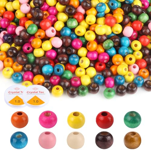 1000 Stück Holzperlen Bunt, 10mm Holzperlen zum Auffädeln, Runde Holzkugeln mit Loch Bunt, DIY Perlen Holz mit 2 Rollen Elastischer Kordel für Schmuck, Bastelarbeiten