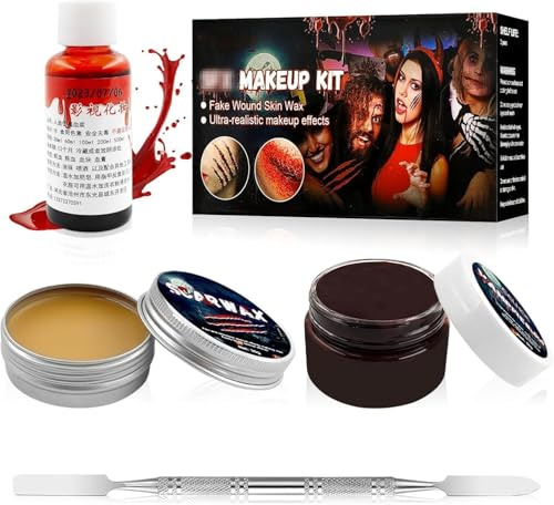 Huahuanghui Halloween Schminke,Halloween Make Up,Halloween Spezialeffekt | Make Up Set,Halloween Schminke Set,Enthalten Narbenwachs,Liquid Latex,Kunstblut,Doppelendiger Schaber,Halloween Deko.