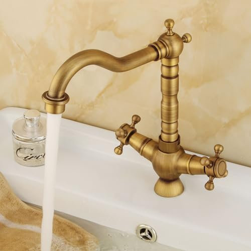 Wasserhahn Bad Badarmatur Vintage Mischbatterie 1 Loch 2 Griff Messing Bad Waschbecken Wasserhahn Kalt Warmwasser Spüle Mischbatterien Antik