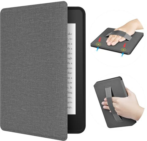 ERUNTO Hülle für 7 Zoll 12. Kindle Paperwhite, Signature Edition und Kindle Colorsoft. TPU-Hülle mit Stoffstruktur und Handgurt, doppelseitige Magnetschale mit Weck-/Schlaffunktion (Grau)