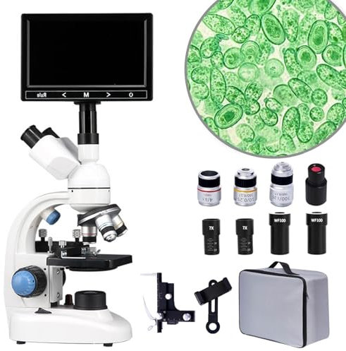 Microscopio Trinocular Profesional - Aumento De 40x-1600x + Iluminación LED Dual+Enfoque Coaxial+Cabezal Giratorio De 360°+Cuerpo De Aluminio, Microscopio De Lab Con Pantalla 7'' Para Estudiantes