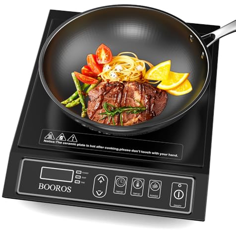 BOOROS Portable Induction Cooktop 1800W Induction Hot Plates for Countertop,9.6-Inch Heating Coil,10 Temperature Levels 175-520°F (80-270°C),24-Hour Timer,Key Touch,Easy to Clean,Black,110V