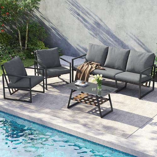 Gegtuon Gartenmöbel Sitzgruppe 4-teilige für Garten für 5 Personen, Möbel Lounge Outdoor mit Tisch, Sofa & Kissen für Balkon, Essgruppe Gartenlounge mit 2 Sessel & Glastisch, Gartenmöbel-Set, Grau