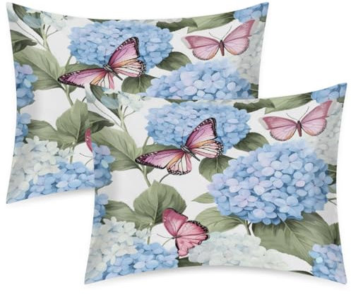 Mexpekil Blooming Hydrangea Flowers Butterfly 2 Pack Satin Pillowcase for Hair and Skin, Smooth Like Silk Pillowcases, Pillow Case Covers Standard Size 20x26 in for Bedroom