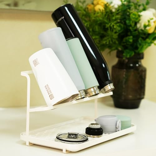 L-WASH Countertop Kitchen Bottle Drying Rack with Drain Tray, 12.4 x 7.09 inch Counter Organizer, for Insulated Water, Baby Bottles and More - White
