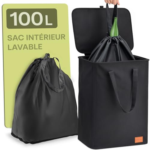 Praknu Bidone 100L Raccoglitore di Bottiglie - per Riciclabili & Vetro - Doppie Maniglie - Cordoncino Sicuro - Impermeabile con Borsa da Trasporto - per Cucina & Balcone