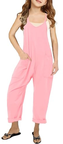 Haloumoning Girls' Casual Sleeveless Jumpsuits Spaghetti Strap Loose Romper Long Pants with Pockets,Pink,11-12 Years