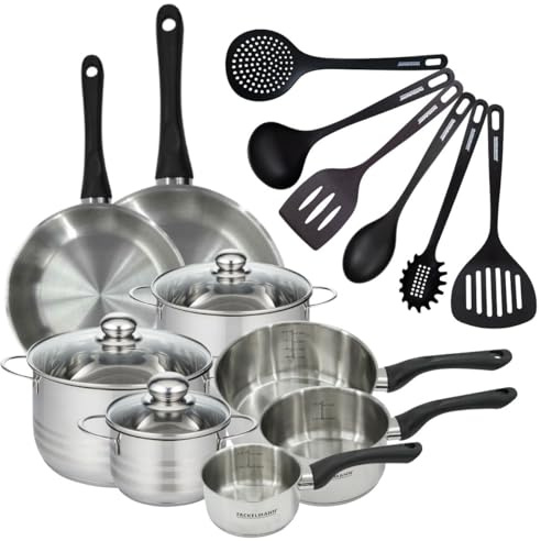 Fackelmann 9358150 2 poêles 20 28 cm 3 casseroles 12 16 20 cm inox 18/8, 3 faitouts inox 16 20 24 cm, 6 ustensiles, Poêle tous feux, Poêle induction, sans PFAS, Inox, Verre, RPET, 12 16 20 24 28 cm