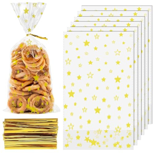 100 Stück Plätzchentüten, 24x14.5cm Cellophantüten mit Boden, Goldene Sterne Kekstüten mit 100 Bindebänder, Klarsichtbeutel, für Süßigkeiten, Kekse, Weihnachten, Hochzeiten, Geburtstage