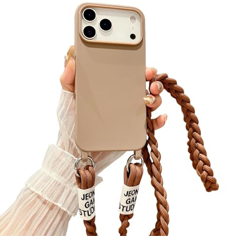 Emlivi Telefonfodral med kedja för iPhone 17, skyddsfodral med axelrem i nylon, flytande TPU-silikonöverdrag med snöre för upphängning, snyggt bälte, färg: mjölkte