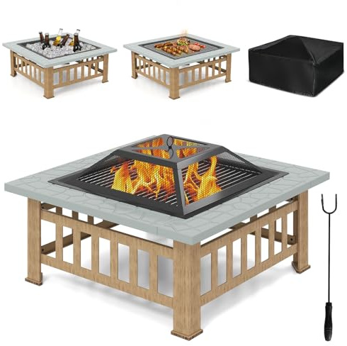 GYMAX Brasero Extérieur Multifonctionnel, avec Grill de Barbecue, Pare-Feu, Tisonnier, Couvercle, Housse de Protection, Cadre en Métal Revêtu de Poudre, Foyer pour Jardin, Terrasse (Gris)