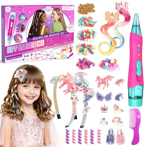 Geschenk Mädchen 5 6 7 8 9 10 Jahre, Haarschmuck Mädchen DIY Haarperlen Set mit Haarflechtmaschine Farbverlauf Einhorn Perücke Haarnadel Haarreifen, Spielzeug Kreatives Geschenk für Kinder 5-12 Jahren
