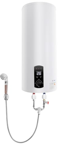 Elektrisk vattenkokare dusch och 2 000 W varmvattenbehållare – elektrisk varmvattenberedare | vertikal | 25–75 °C | emaljerad innerbehållare | läckageskydd | inkl. handdusch (60 l)