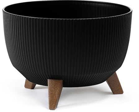 LAMELA Pot de Fleurs Rond sur Pieds - Plastique Rayé - Ø 33 cm x H 18,5 cm, 12,4 L - Résistant et Facile d'entretien - Intérieur et Extérieur - Noir