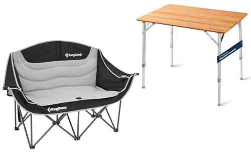 KingCamp Set: Campingtisch Bambus höhenverstellbar (45/52/65 cm) für 4-6 Personen & Camping Couch Faltbar bis 300 kg für 2 Personen