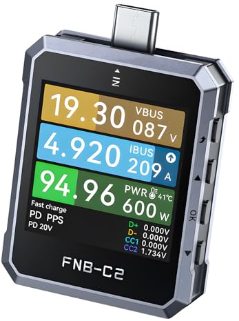 Candeon USB Tester FNB-C2, USB-C Fast Charging Tester 4–50 V 6.5 A Digital Ammeter, Voltmeter, Voltage and Current Meter, supports PD3.1
