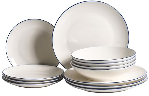 Vajilla de 12 piezas de porcelana acabado esmaltado transparente con borde decorativo ribete blanco crema y azul Cumin