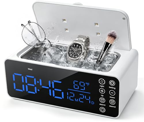 Dispositivo di pulizia a ultrasuoni, 48 kHz, 500 ml, dispositivo a ultrasuoni con sveglia, pulitore a ultrasuoni con display LCD, per apparecchi dentali, occhiali, anelli, orologi, incluso panno per
