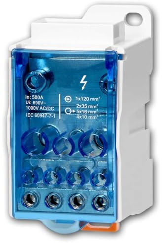 Scatola di distribuzione con morsettiera 1 ingresso, 11 uscite, 500A | Blocco di distribuzione di potenza per guida DIN TH35 | Contatti in rame | 1000V | IP20 | Quadro elettrico industriale