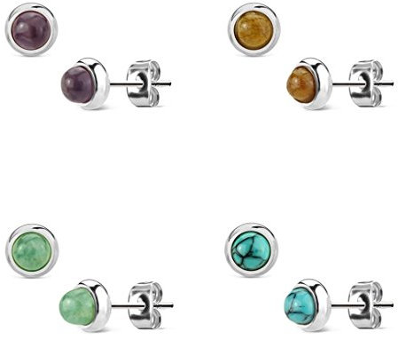 Beyoutifulthings Damen 1 Paar Stud Ohr-ring Set Ohr-Stecker Chirurgenstahl Halbedelsteine eingefasst Amethyst Grüne Jade Tigerauge Türkis Set