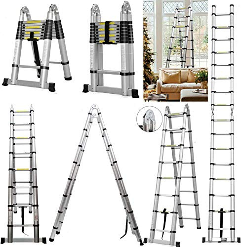 A Frame Ladder Telescopic 3.8m 12.5ft 330lb Capacity Collapsible Ladders 12 Step Extending Folding Multipuropose Aluminum Lightweight Portable Loft Attic Ladder Indoor Outdoor DIY Builer Roof Work